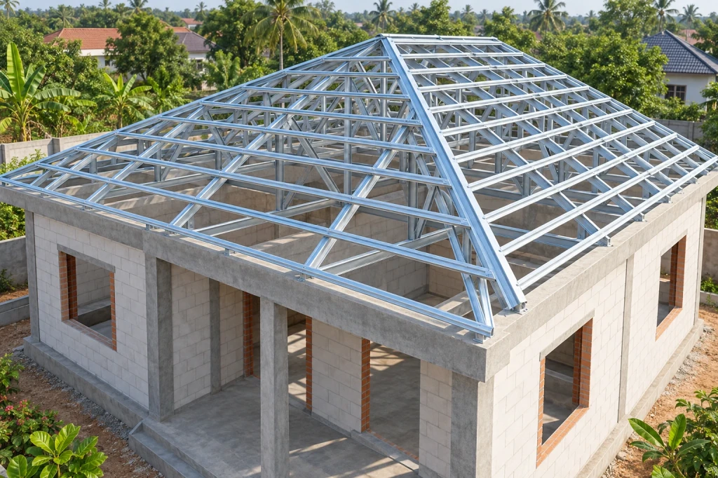 Phối cảnh hệ khung kèo thép nhẹ trên nhà ở, thể hiện các vì kèo và hệ thanh đỡ mái