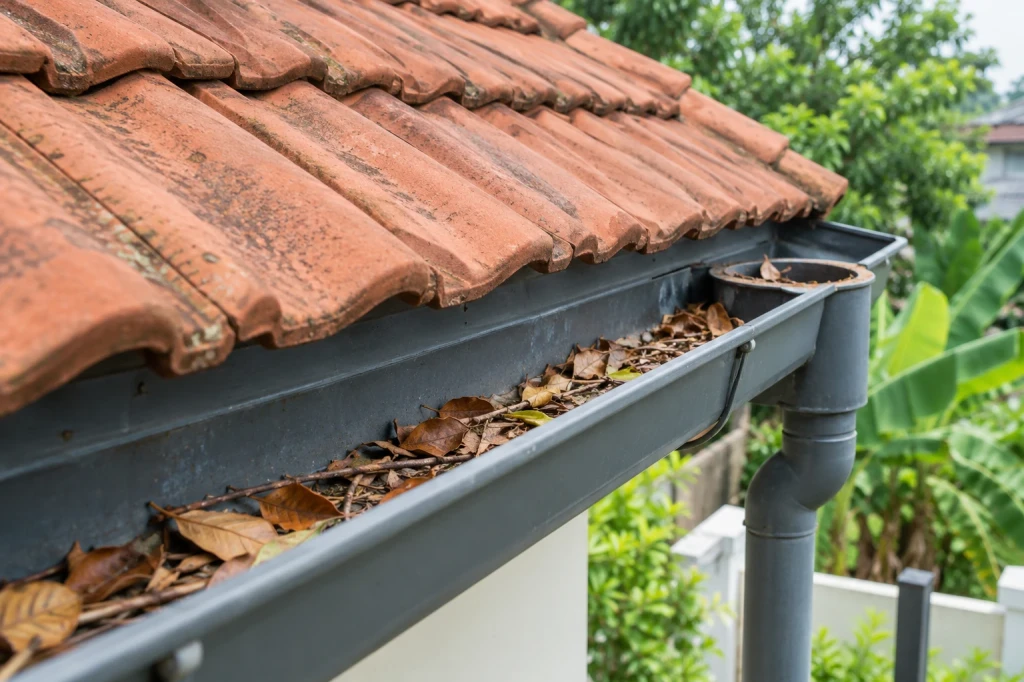 Lá cây tích tụ trong máng xối dưới mép mái ngói