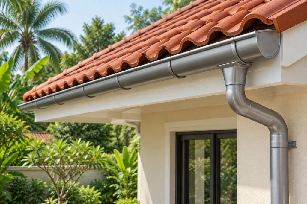 Minh họa mép mái ngói, máng xối và ống thoát nước bên hông một ngôi nhà