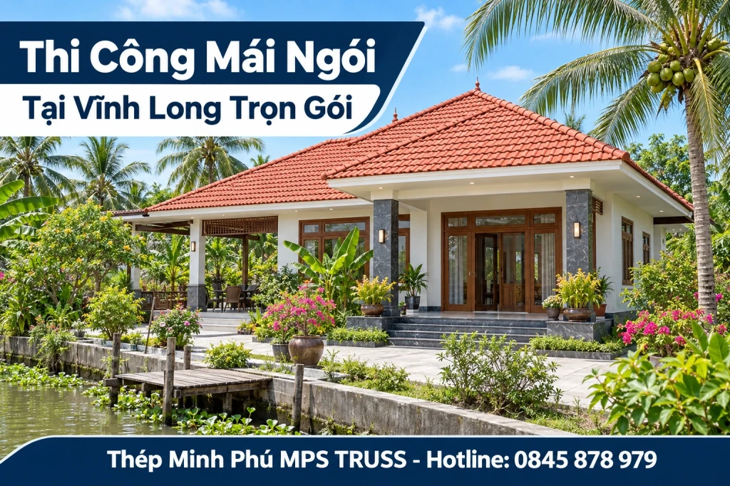 Phối cảnh nhà mái ngói trong sân vườn với tiêu đề dịch vụ thi công tại Vĩnh Long và hotline Thép Minh Phú